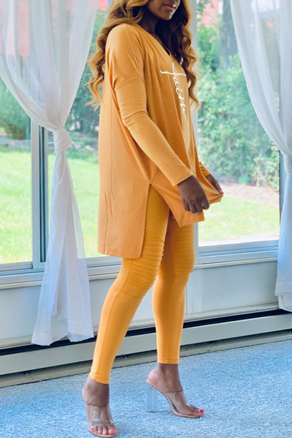 Yellow Fashion Casual Print Slit V Neck Long Sleeve Two Pieces