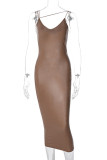 Bare Color Fashion Sexy Solid Backless Spaghetti Strap Long Dress