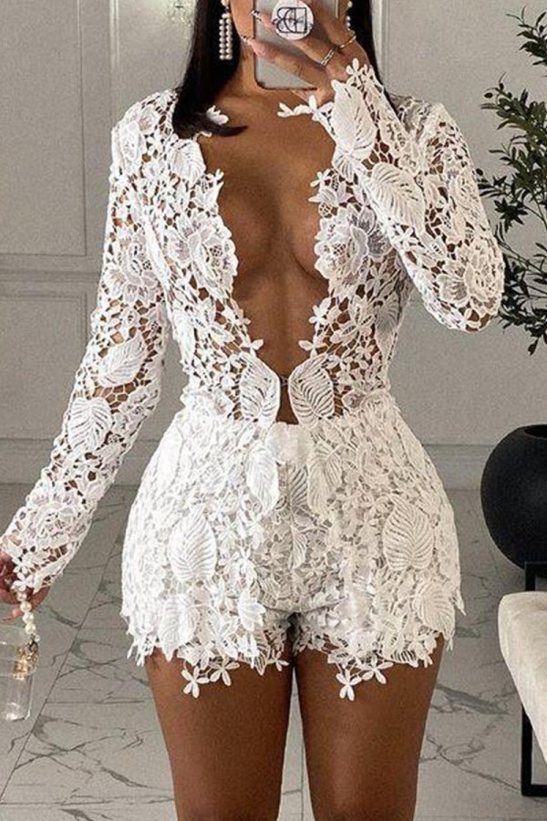 White Fashion Sexy Solid Hollowed Out See-through V Neck Long Sleeve Two Pieces