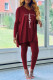 Burgundy Fashion Casual Print Slit V Neck Long Sleeve Two Pieces