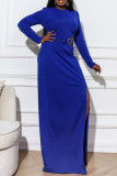 Blue Fashion Plus Size Patchwork Solid Hollowed Out Slit O Neck Evening Dress