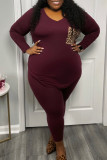 Burgundy Fashion Casual Print Patchwork V Neck Plus Size Two Pieces