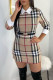 Khaki Fashion Casual Plaid Print Patchwork Turndown Collar Long Sleeve Dresses (Without Belt)