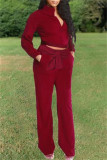 Red Fashion Casual Solid Bandage Turndown Collar Long Sleeve Two Pieces