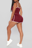 Burgundy Sexy Sportswear Solid Vests Spaghetti Strap Sleeveless Two Pieces