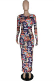 Multicolor Fashion Casual Print Basic O Neck Long Sleeve Dresses