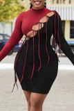 Pink Gray Fashion Casual Patchwork Tassel Hollowed Out Half A Turtleneck Long Sleeve Dresses