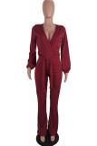 Burgundy Fashion Casual Solid Bandage V Neck Boot Cut Jumpsuits
