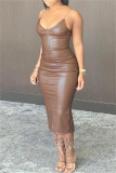 Bare Color Fashion Sexy Solid Backless Spaghetti Strap Long Dress