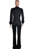 Black Fashion Casual Solid Bandage V Neck Boot Cut Jumpsuits
