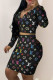 Colour Fashion Sexy Print Patchwork V Neck Long Sleeve Two Pieces