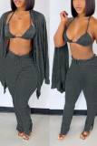 Dark Gray Casual Solid Patchwork Buckle Slit V Neck Long Sleeve Two Pieces