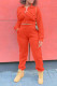 Tangerine Red Casual Solid Patchwork Pocket Buckle Turndown Collar Long Sleeve Two Pieces