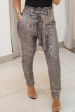 Silver Fashion Casual Solid Bandage Regular High Waist Conventional Solid Color Bottoms