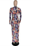 Multicolor Fashion Casual Print Basic O Neck Long Sleeve Dresses