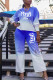 Blue Fashion Casual Gradual Change Letter Print Basic O Neck Long Sleeve Two Pieces