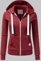 Burgundy Fashion Casual Solid Patchwork Zipper Hooded Collar Outerwear