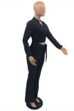 Red Fashion Casual Solid Bandage Turndown Collar Long Sleeve Two Pieces
