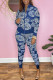 Blue Fashion Street Print Patchwork O Neck Long Sleeve Two Pieces