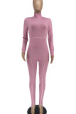 Red Casual Sportswear Solid Patchwork Turtleneck Regular Jumpsuits