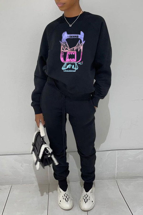 Black Casual Print Patchwork O Neck Long Sleeve Two Pieces