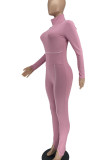 Red Casual Sportswear Solid Patchwork Turtleneck Regular Jumpsuits