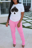 White Casual Street Print Patchwork O Neck T-Shirts