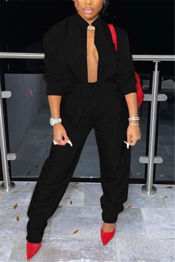 Black Sexy Casual Solid Basic Long Sleeve Two Pieces