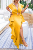 Yellow Fashion Celebrities Solid Patchwork V Neck Irregular Dresses