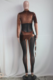 Brown Fashion Sexy Patchwork See-through Half A Turtleneck Skinny Jumpsuits