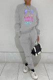Grey Casual Print Patchwork O Neck Long Sleeve Two Pieces
