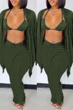Green Fashion Casual Solid Cardigan Vests Pants Long Sleeve Three-piece Set