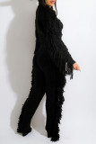 Black Casual Street Solid Tassel Split Joint O Neck Long Sleeve Two Pieces