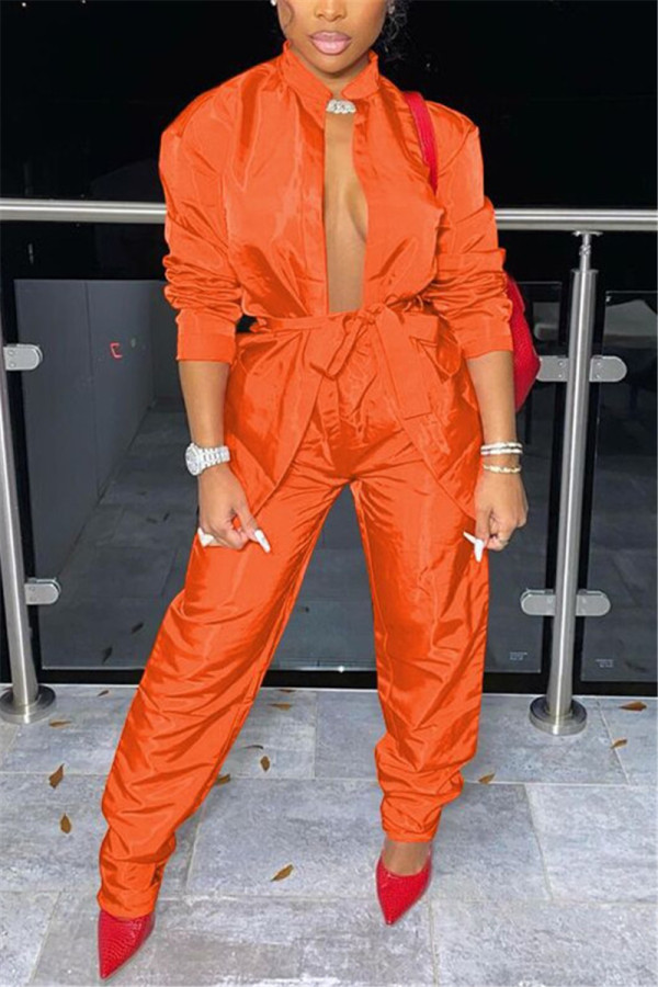 Orange Sexy Casual Solid Basic Long Sleeve Two Pieces