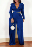 Blue Sexy Solid Patchwork Frenulum Backless Fold V Neck Long Sleeve Two Pieces