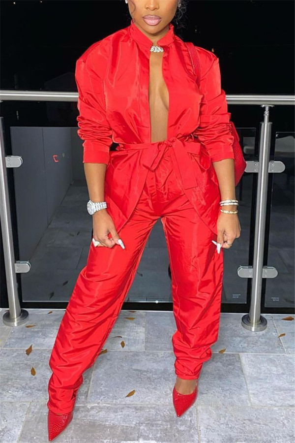 Red Sexy Casual Solid Basic Long Sleeve Two Pieces