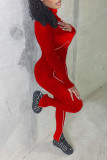 Red Casual Sportswear Solid Patchwork Turtleneck Regular Jumpsuits