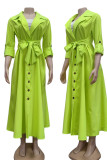 Green Casual Elegant Solid Patchwork Buckle With Belt Turn-back Collar Shirt Dress Dresses