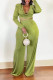 Green Sexy Solid Patchwork Frenulum Backless Fold V Neck Long Sleeve Two Pieces
