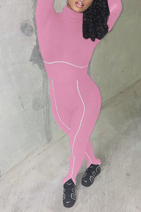 Pink Casual Sportswear Solid Patchwork Turtleneck Regular Jumpsuits
