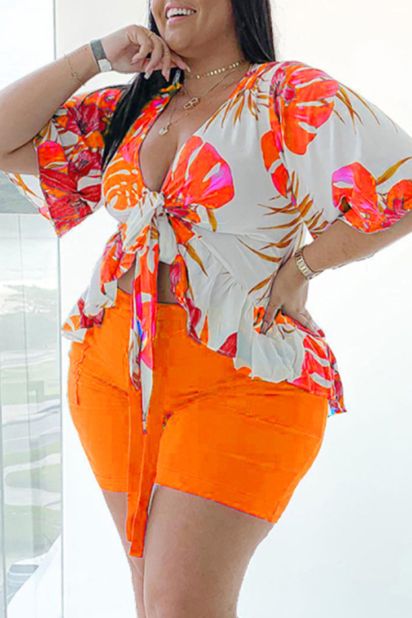 Orange Fashion Casual Print Strap Design V Neck Plus Size Two Pieces