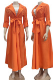 Orange Casual Elegant Solid Patchwork Buckle With Belt Turn-back Collar Shirt Dress Dresses