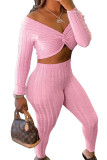 Pink Fashion Casual Adult Solid Knotted V Neck Long Sleeve Regular Sleeve Short Two Pieces