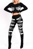 Black Sexy Punk Print Patchwork O Neck Long Sleeve Two Pieces