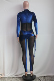 Blue Fashion Sexy Patchwork See-through Half A Turtleneck Skinny Jumpsuits