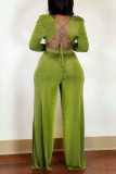 Blue Sexy Solid Patchwork Frenulum Backless Fold V Neck Long Sleeve Two Pieces