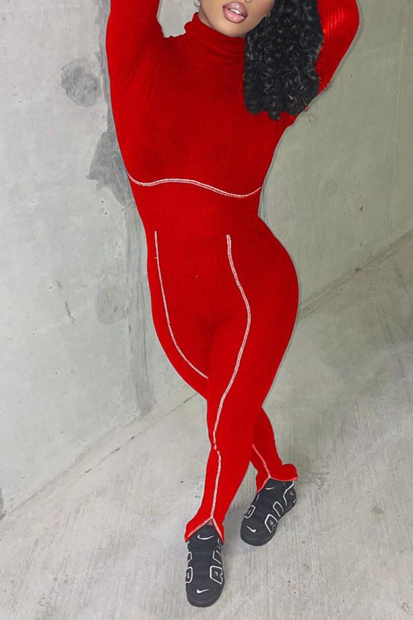 Red Casual Sportswear Solid Patchwork Turtleneck Regular Jumpsuits