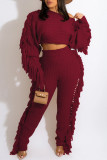 Burgundy Casual Street Solid Tassel Split Joint O Neck Long Sleeve Two Pieces