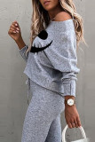 Grey Casual Print Patchwork Off the Shoulder Long Sleeve Two Pieces