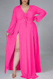 Rose Red Elegant Solid Patchwork Frenulum High Opening V Neck Long Sleeve Plus Size Dresses